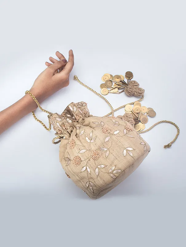 Beige Embroidered Potli Bag