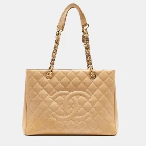 Beige Quilted Caviar Leather Grand Shopper Tote