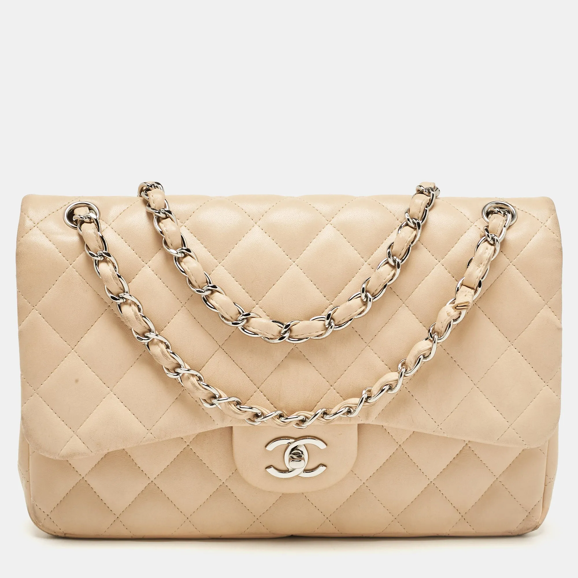 Beige Quilted Leather Jumbo Classic Double Flap Bag