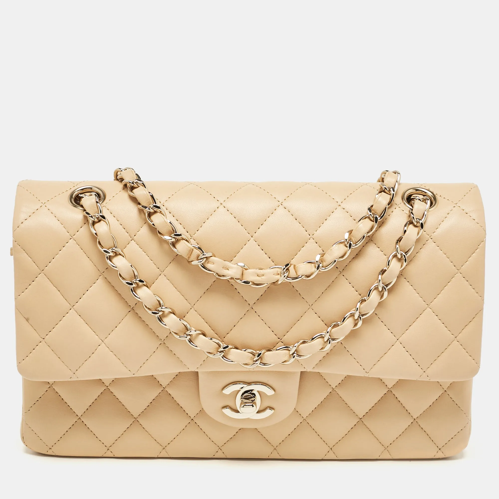 Beige Quilted Leather Medium Classic Double Flap Bag