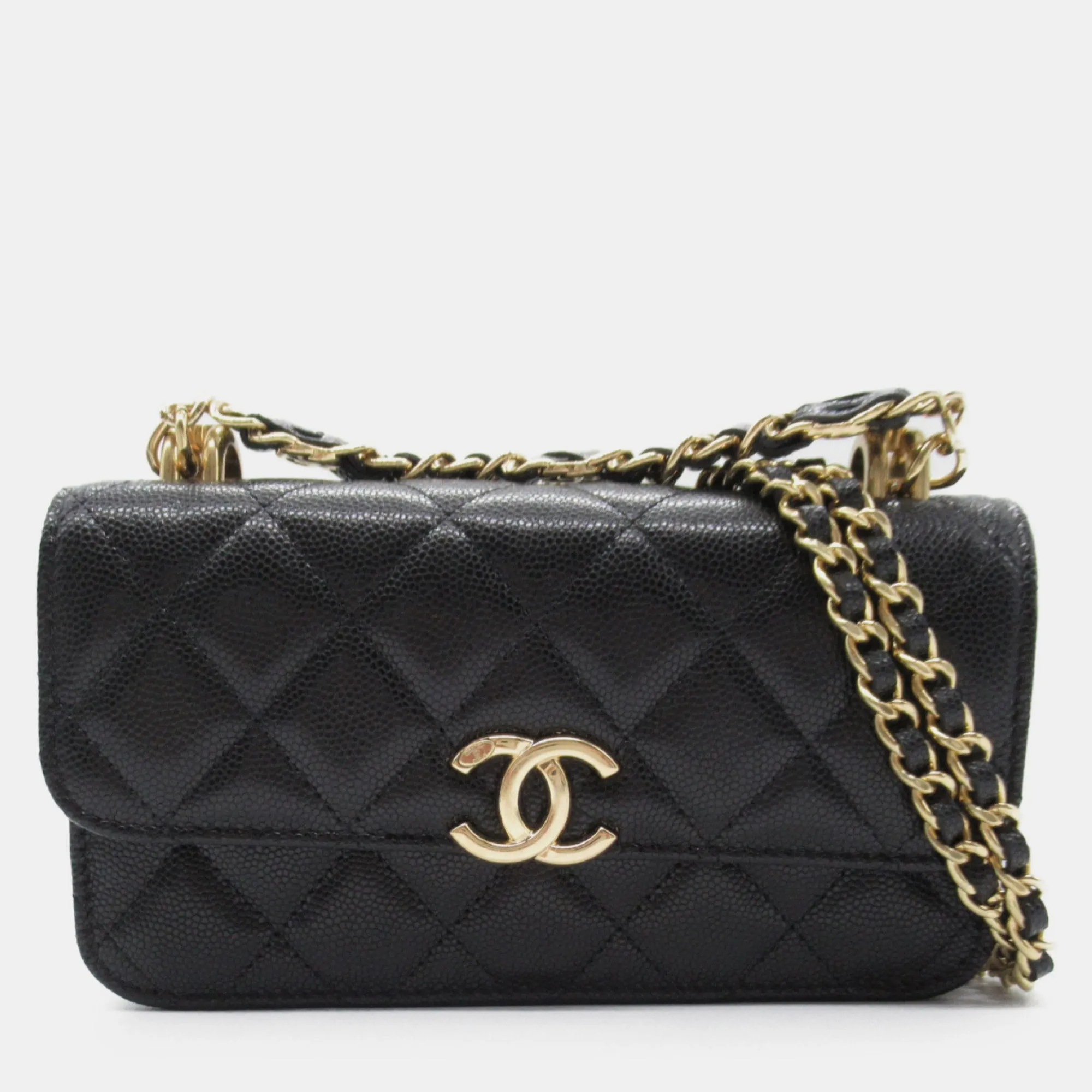 Black Caviar Quilted Chain Link Clutch With Chain