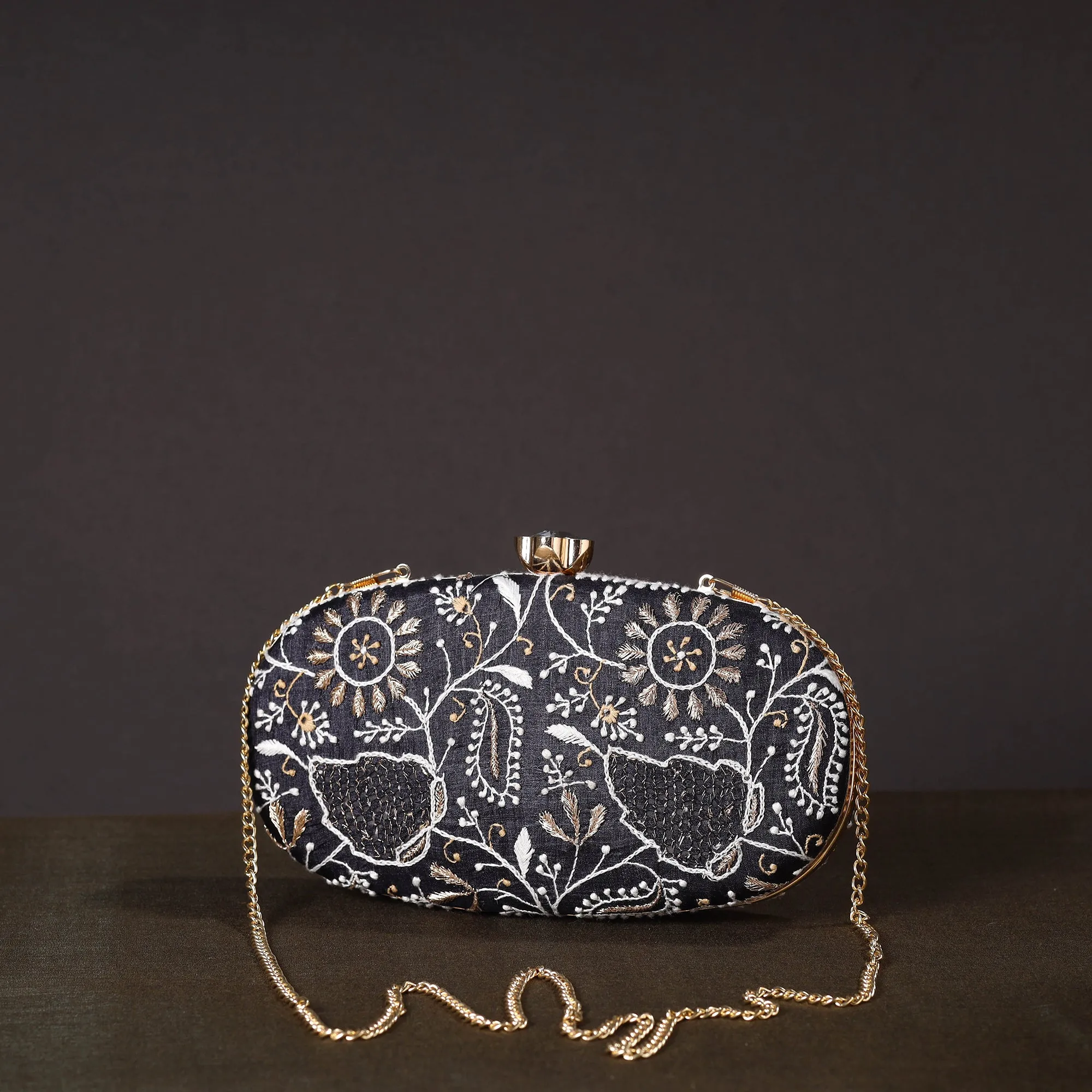 Black - Chikankari Hand Embroidery Tussar Silk Clutch / Sling Bag 15