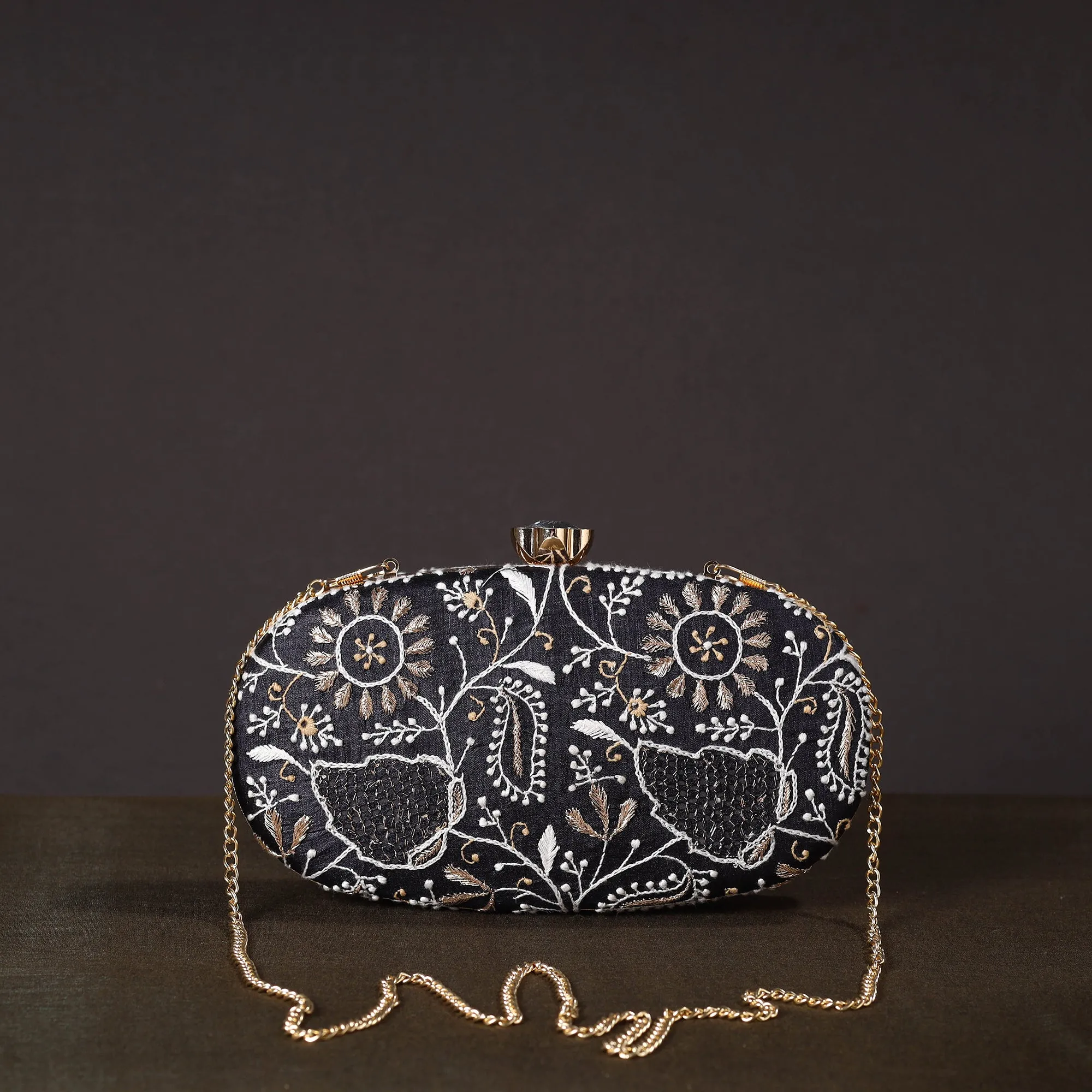 Black - Chikankari Hand Embroidery Tussar Silk Clutch / Sling Bag 15