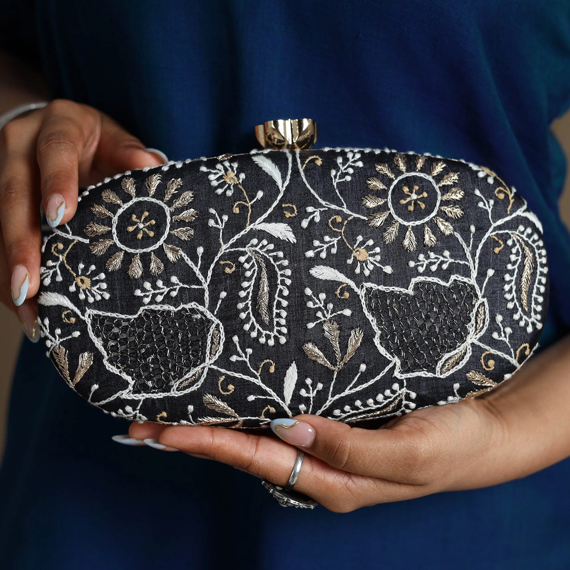 Black - Chikankari Hand Embroidery Tussar Silk Clutch / Sling Bag 15