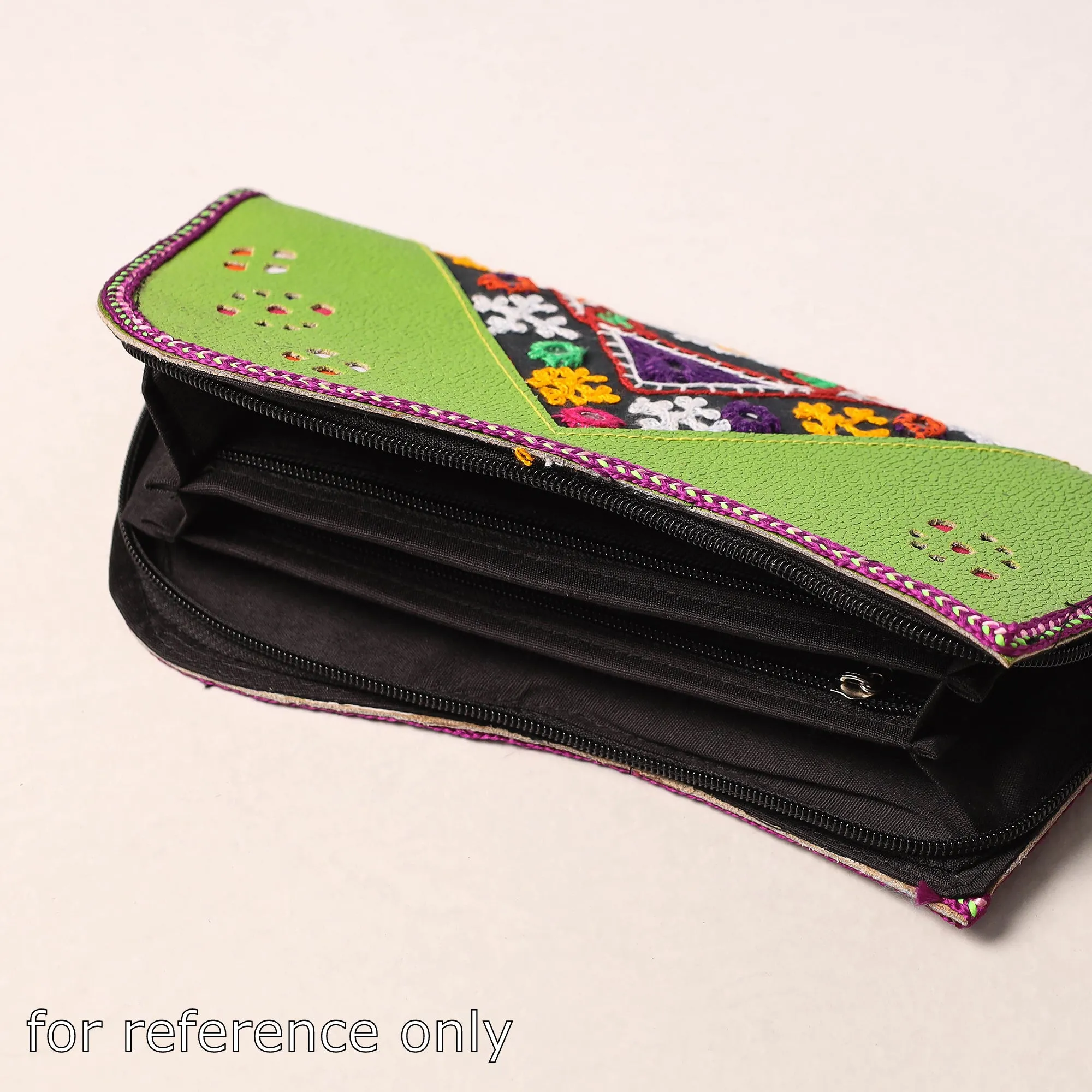 Black - Handcrafted Kutch Embroidery Leather Clutch / Wallet