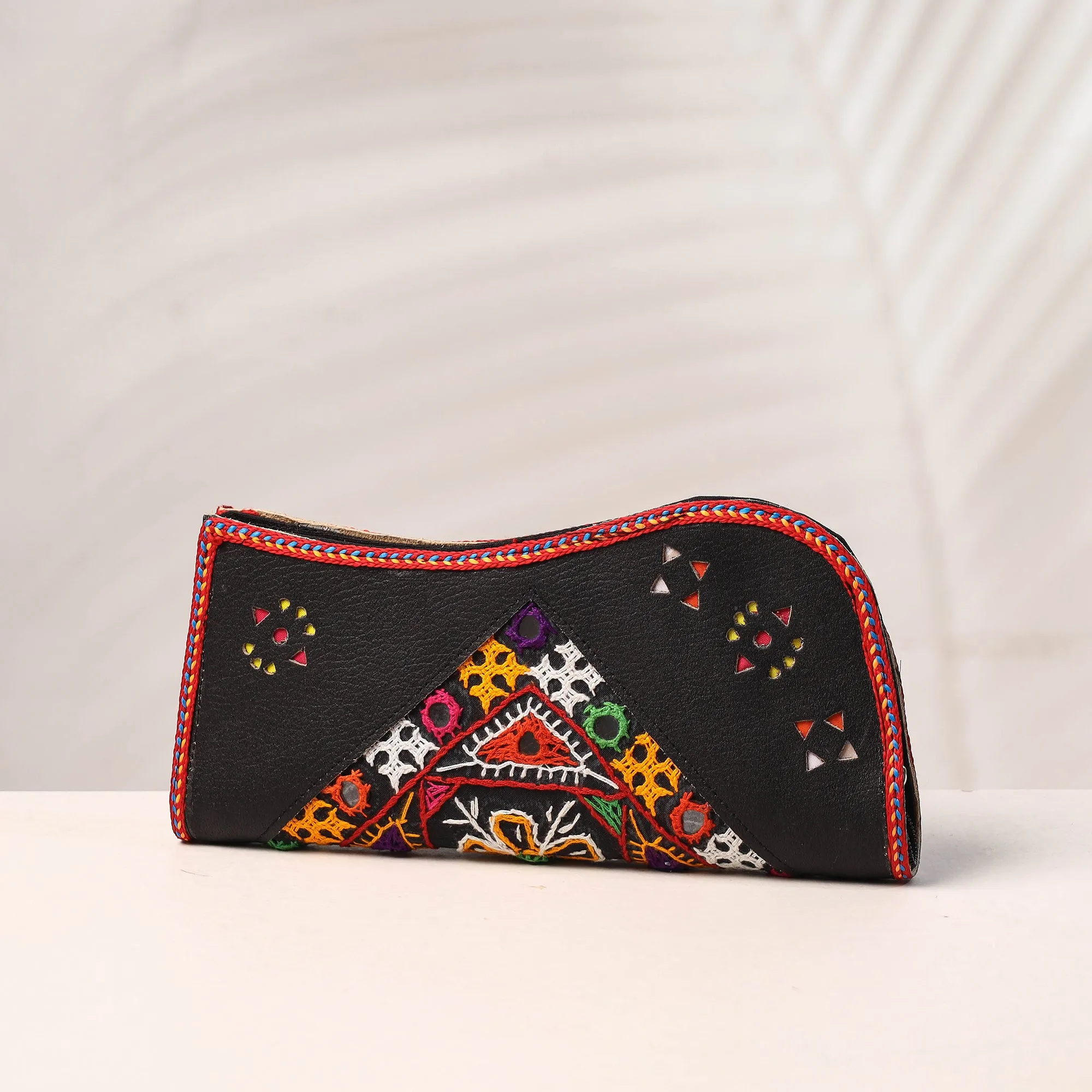 Black - Handcrafted Kutch Embroidery Leather Clutch / Wallet