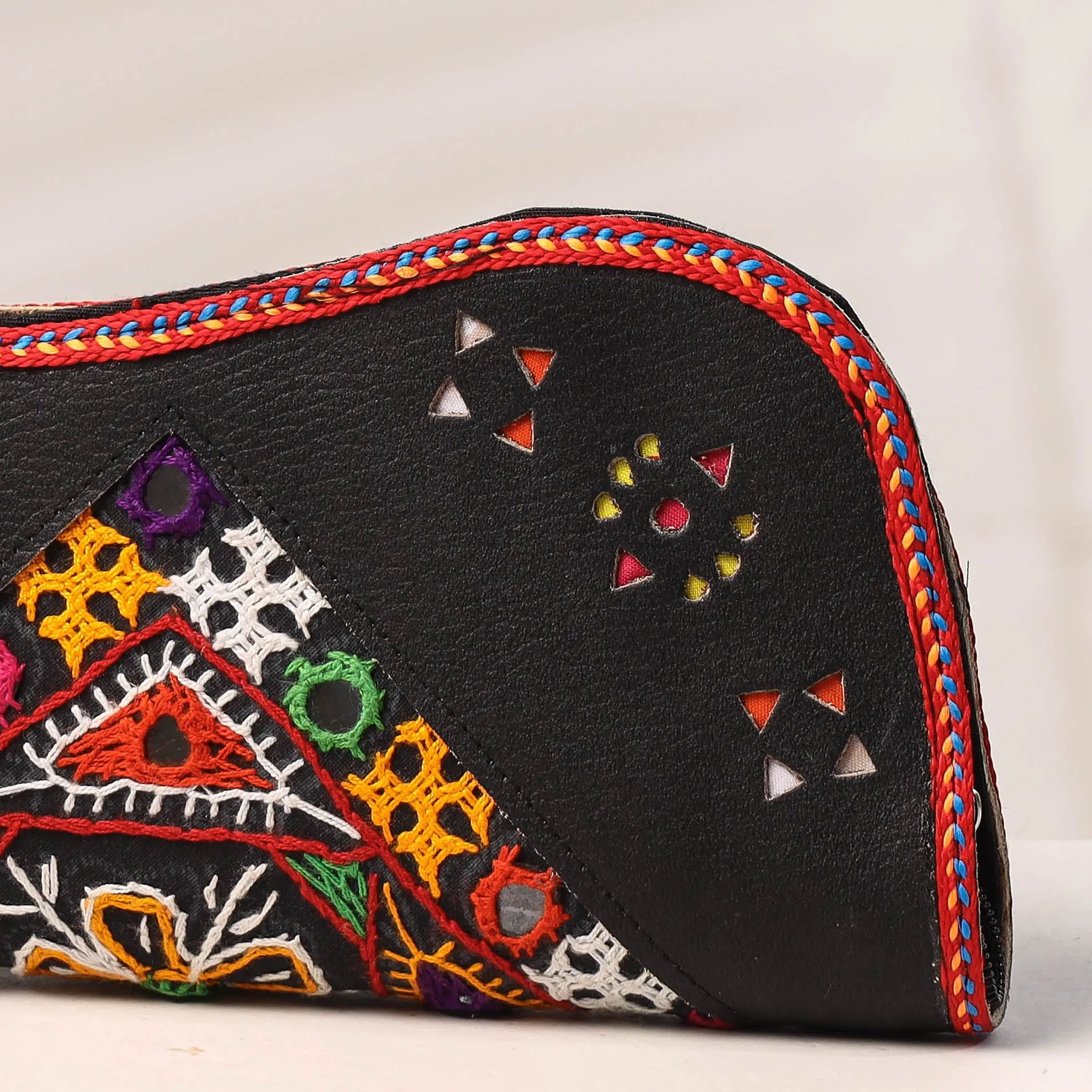 Black - Handcrafted Kutch Embroidery Leather Clutch / Wallet