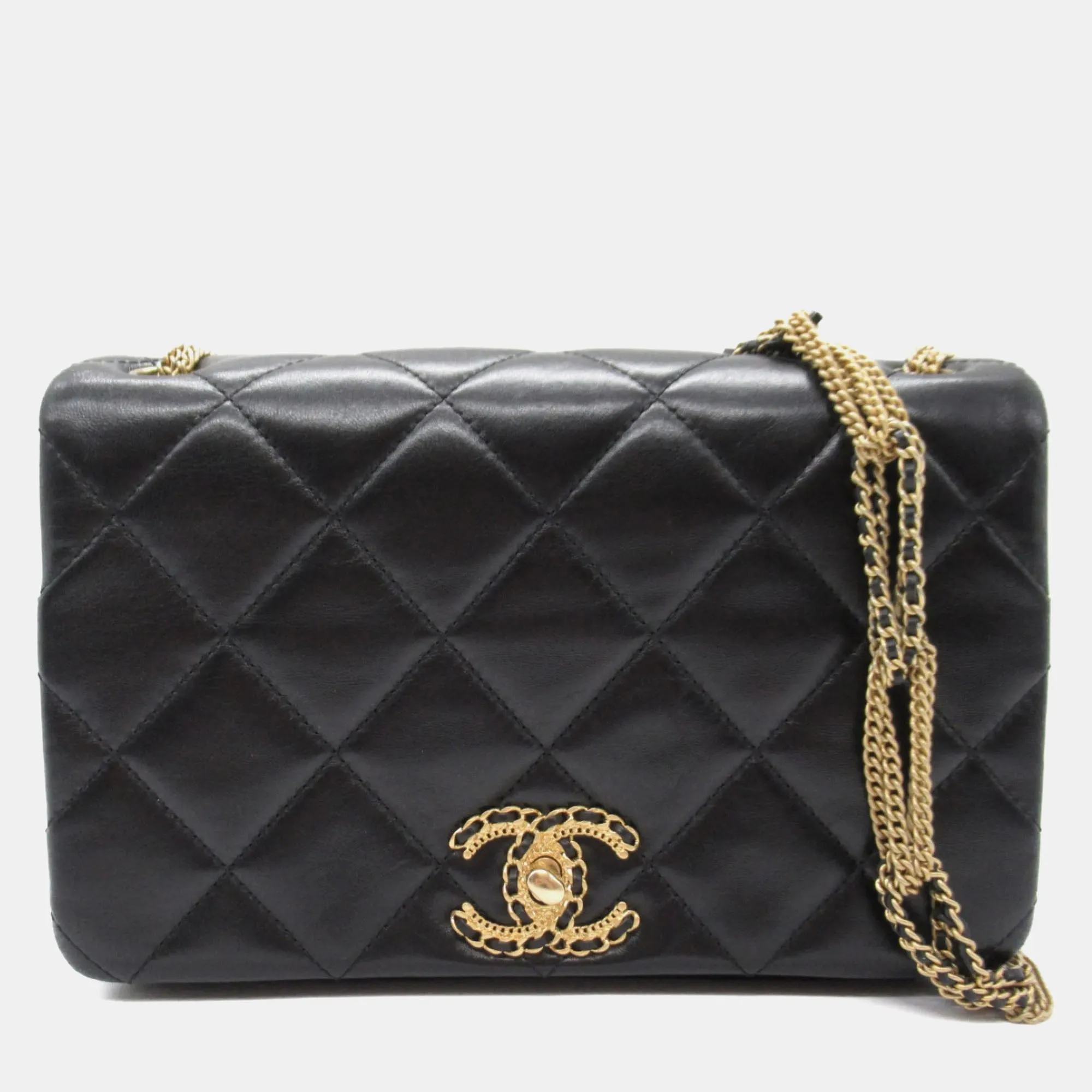 Black Lambskin Quilted On And On Medium Chain Flap Bag