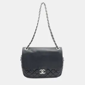 Black Leather Quilted Calfskin Easy Zip Flap Shoulder Bag