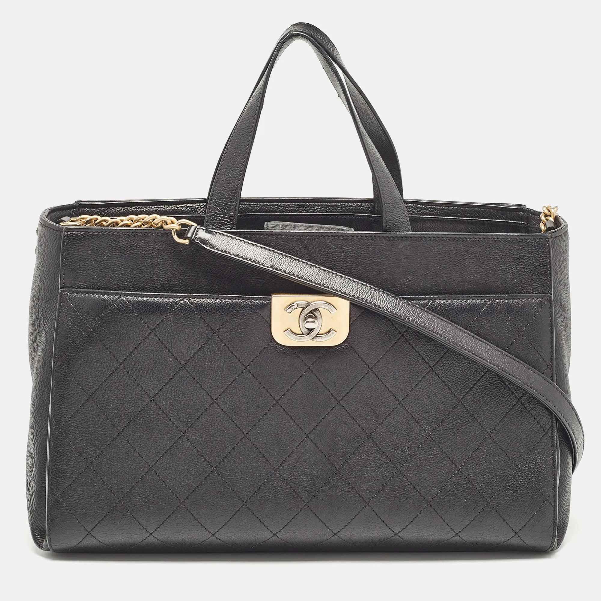 Black Quilted Caviar Leather Straight Line Tote