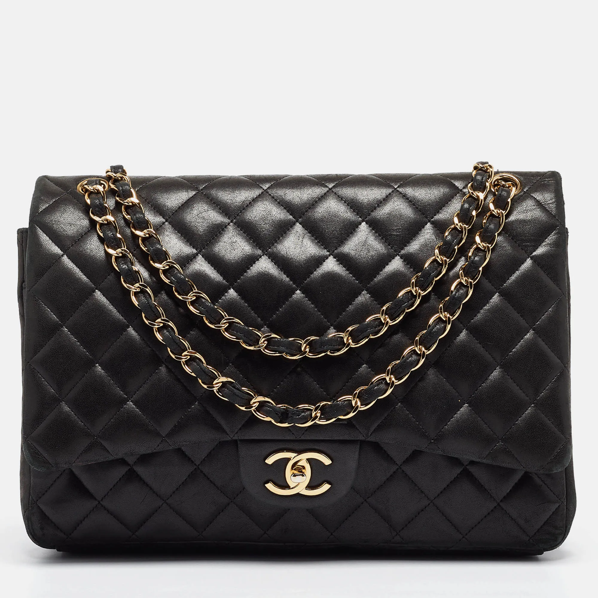 Black Quilted Lambskin Leather Maxi Classic Double Flap Bag