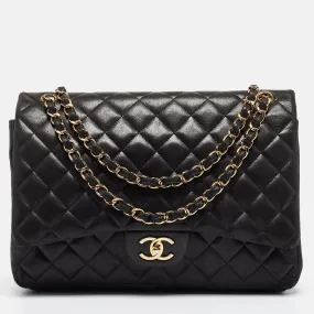 Black Quilted Lambskin Leather Maxi Classic Double Flap Bag