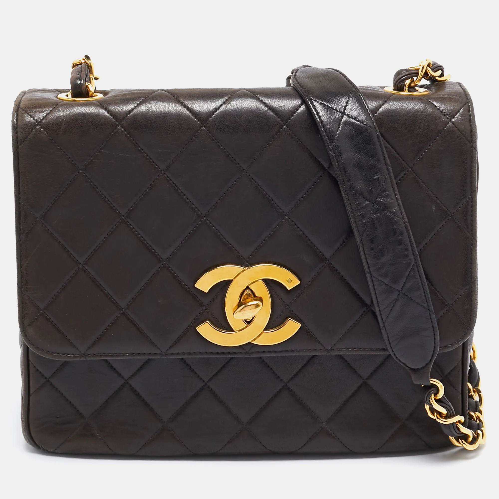 Black Quilted Leather CC Square Flap Chain Bag