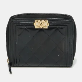 Black Quilted Patent Leather Boy Zip Around Wallet