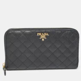 Black Quilted Saffiano Leather Zip Around Wallet