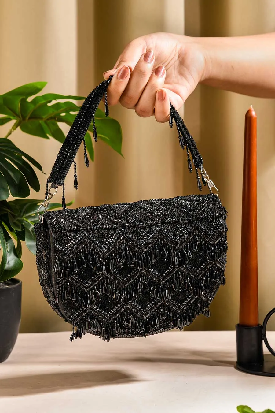 Black Tasselly Hand-Embroidered Clutch