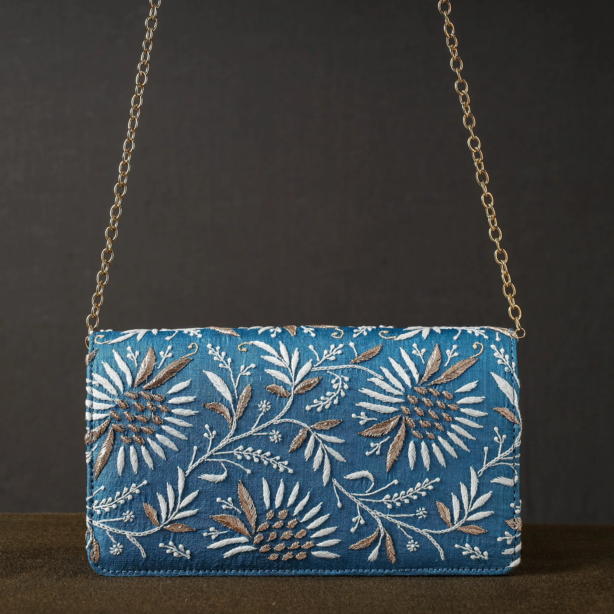 Blue - Chikankari Hand Embroidery Tussar Silk Clutch / Sling Bag