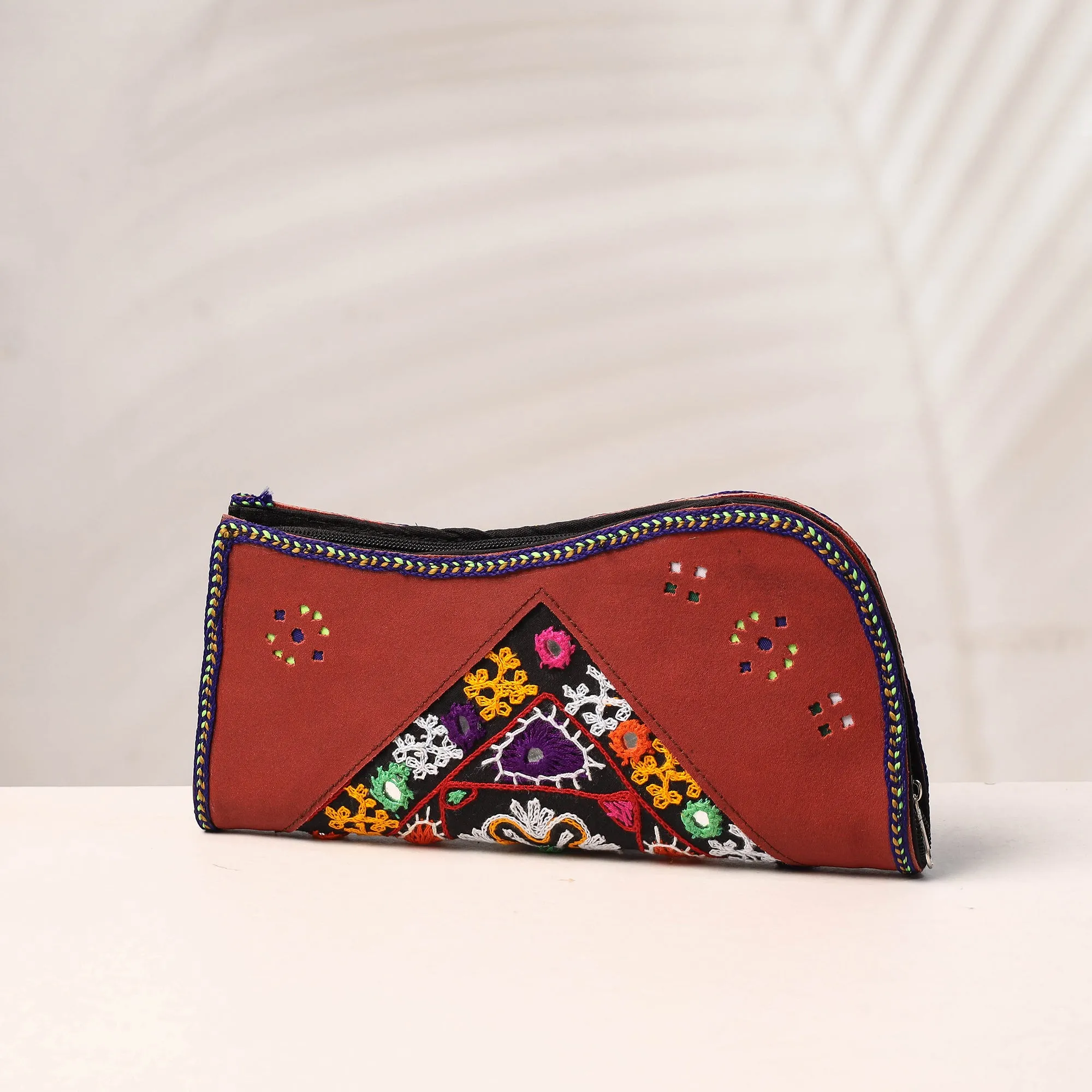 Brown - Handcrafted Kutch Embroidery Leather Clutch / Wallet