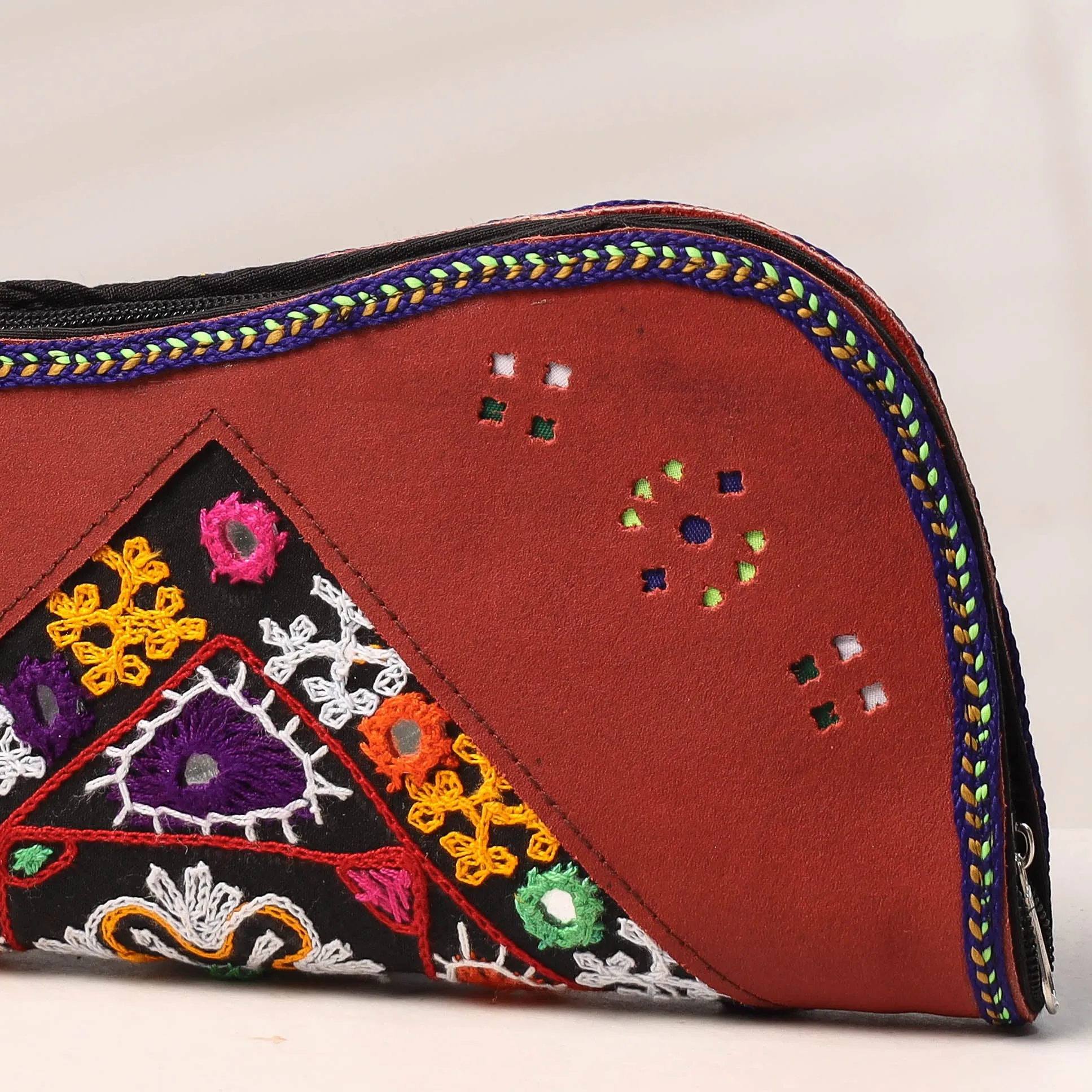 Brown - Handcrafted Kutch Embroidery Leather Clutch / Wallet