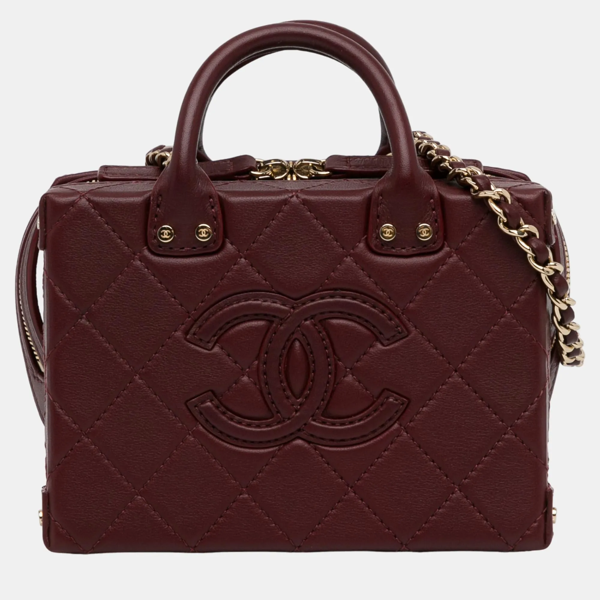 Burgundy CC Quilted Calfskin Vanity Case Box Bag