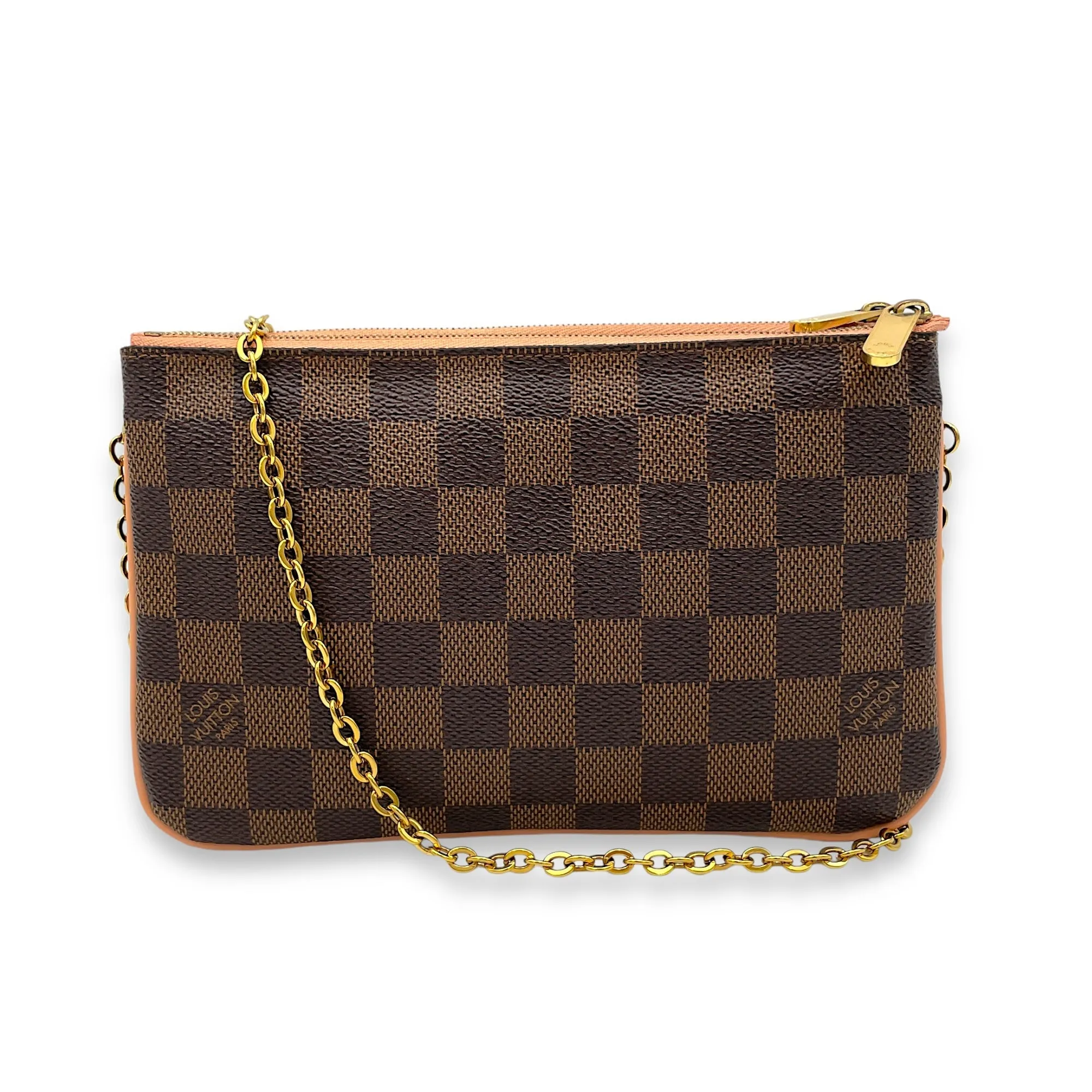 Double Pochette Messenger Crossbody Bag Brown in Coated Canvas, Gold hardware