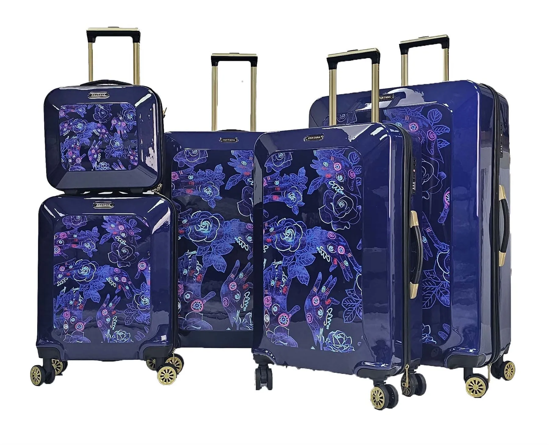 Floral Suitcase 4 Wheel Shiny Hard Case Shell Roller Wheels Cabin Small Medium Large Set Carry On Check In