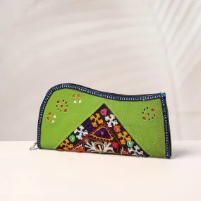 Green - Handcrafted Kutch Embroidery Leather Clutch / Wallet