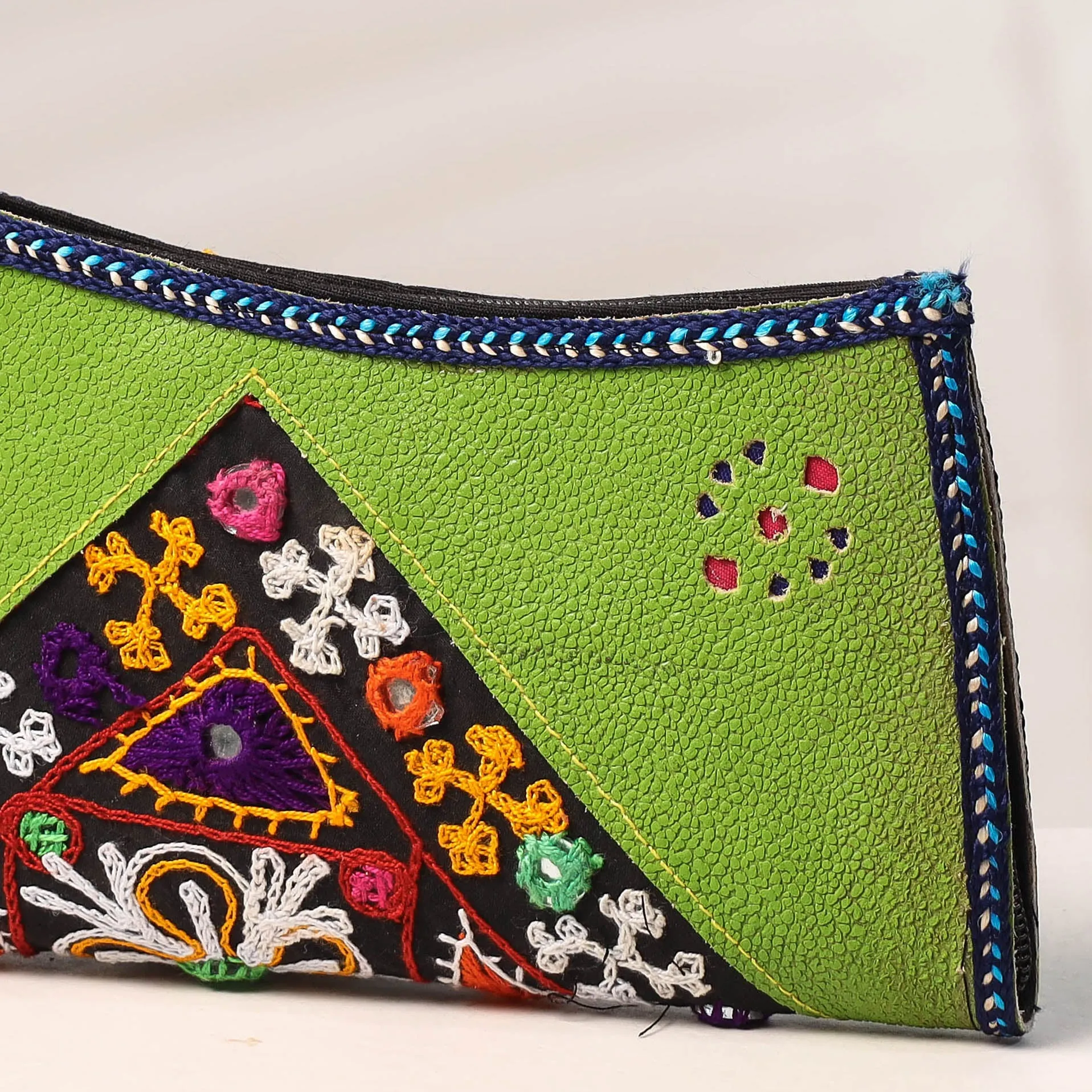 Green - Handcrafted Kutch Embroidery Leather Clutch / Wallet