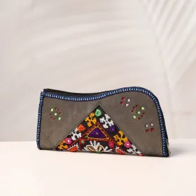 Grey - Handcrafted Kutch Embroidery Leather Clutch / Wallet