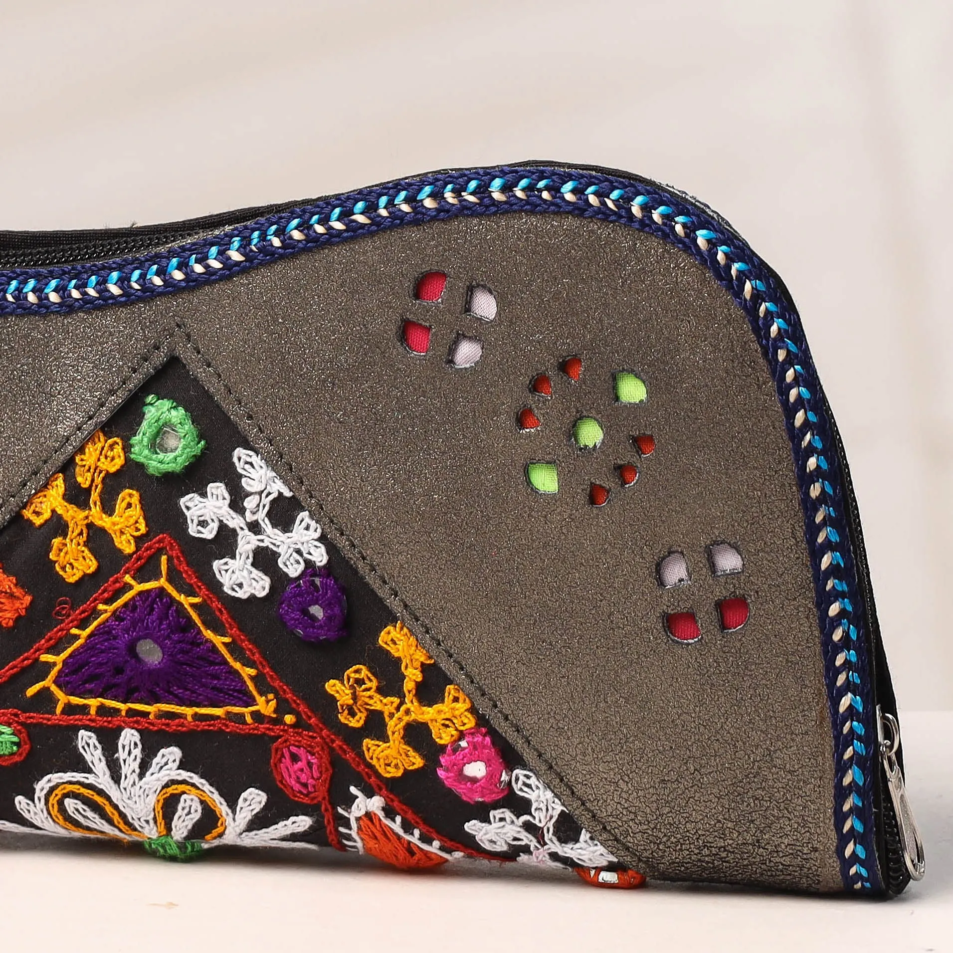 Grey - Handcrafted Kutch Embroidery Leather Clutch / Wallet