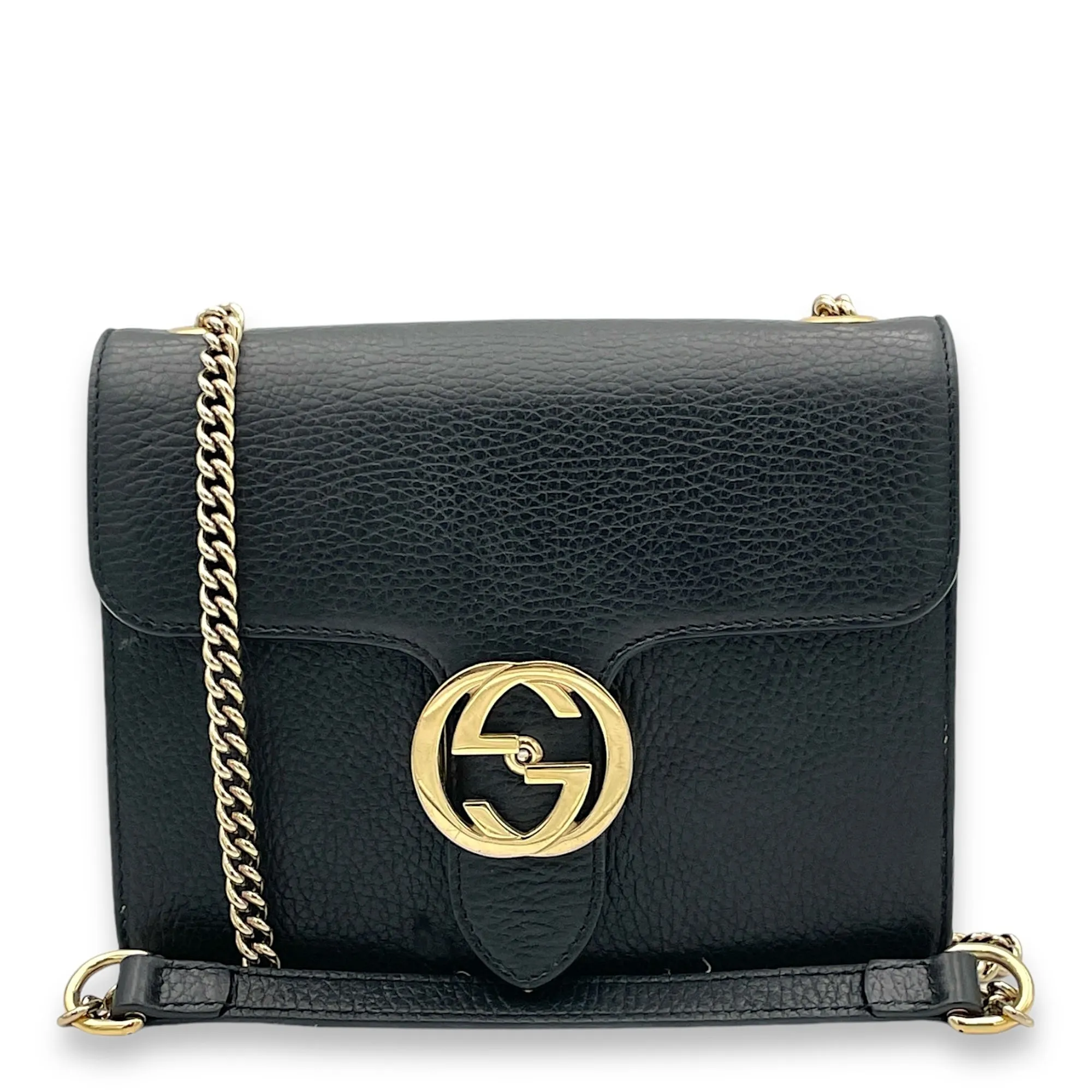 Interlocking G Small Black Crossbody Bag in Calfskin, Gold hardware