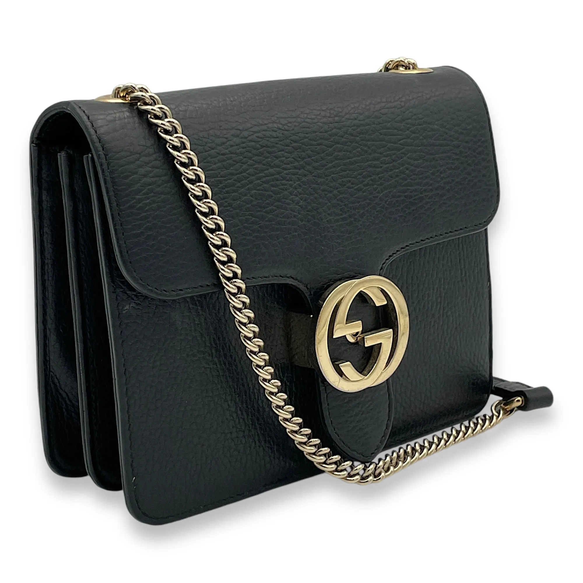 Interlocking G Small Black Crossbody Bag in Calfskin, Gold hardware