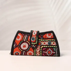 Orange - Handcrafted Kutch Embroidery Cotton Clutch / Wallet