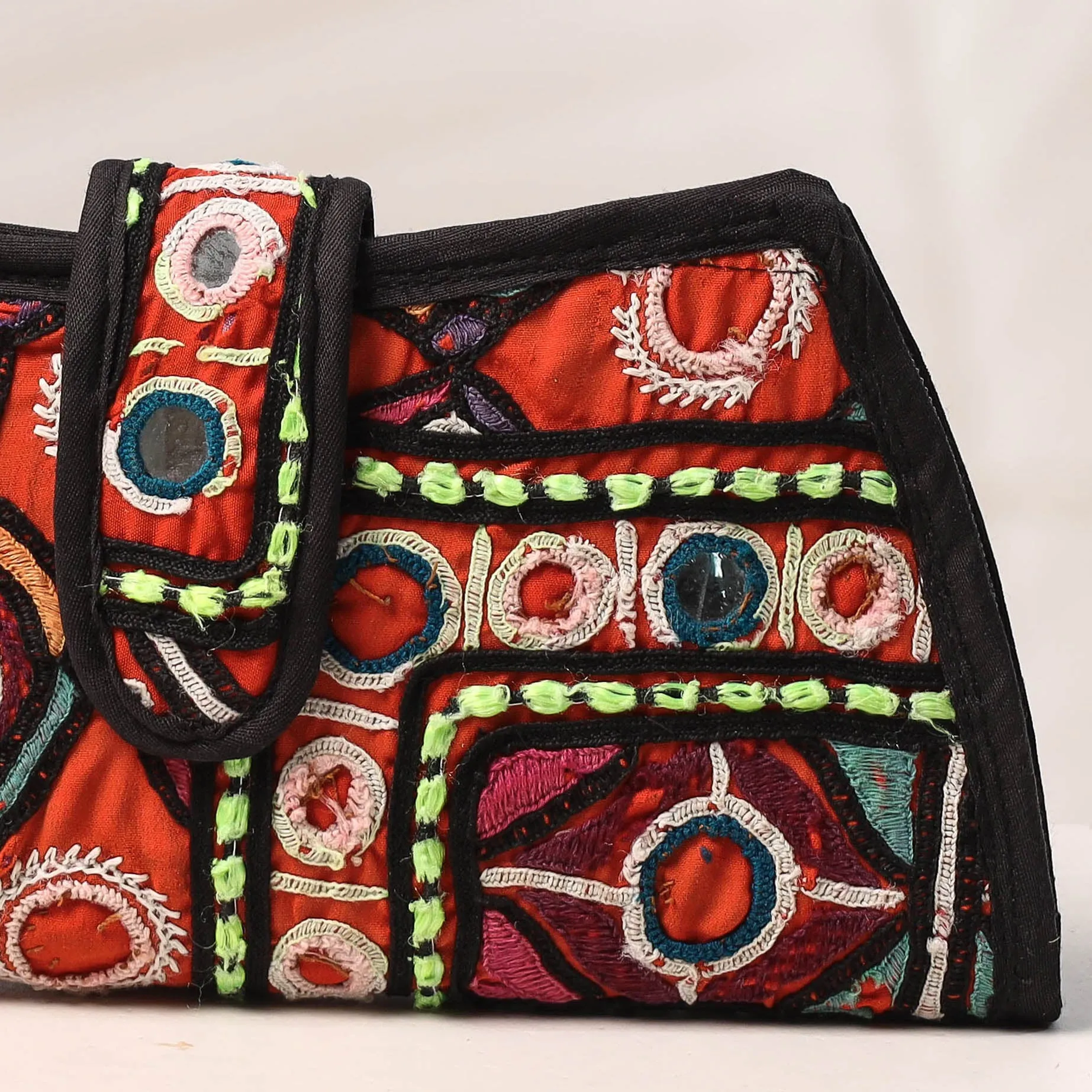 Orange - Handcrafted Kutch Embroidery Cotton Clutch / Wallet