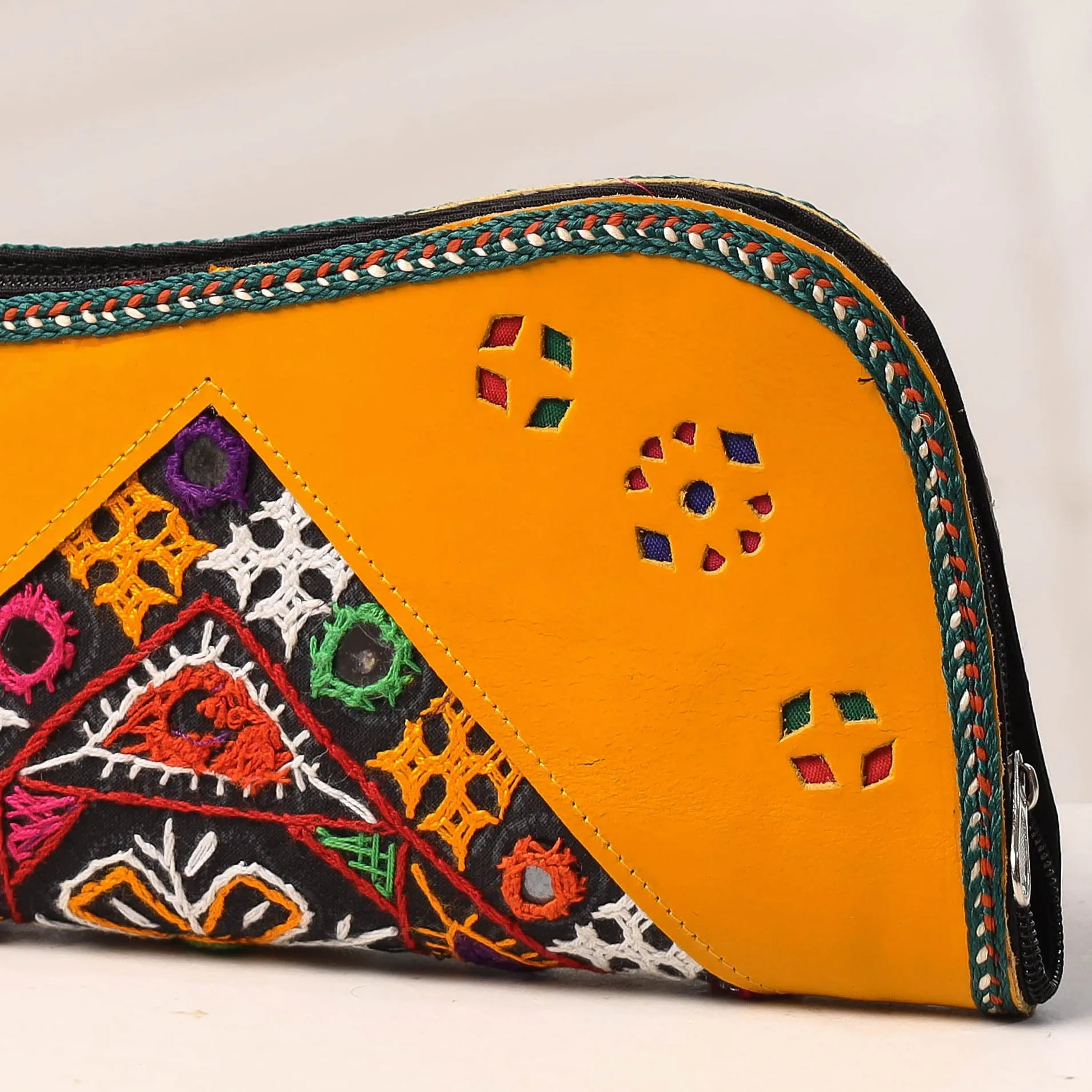 Orange - Handcrafted Kutch Embroidery Leather Clutch / Wallet