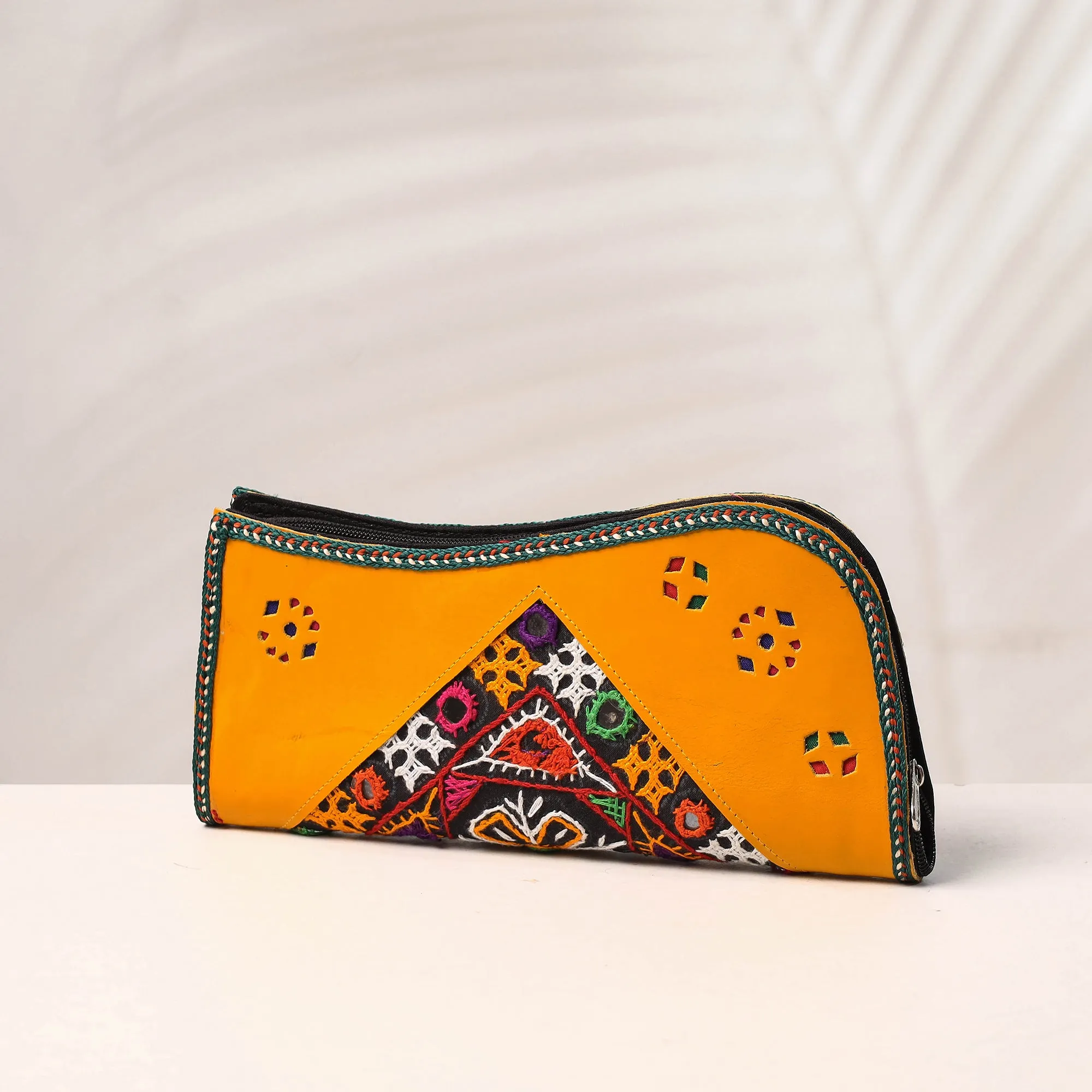 Orange - Handcrafted Kutch Embroidery Leather Clutch / Wallet