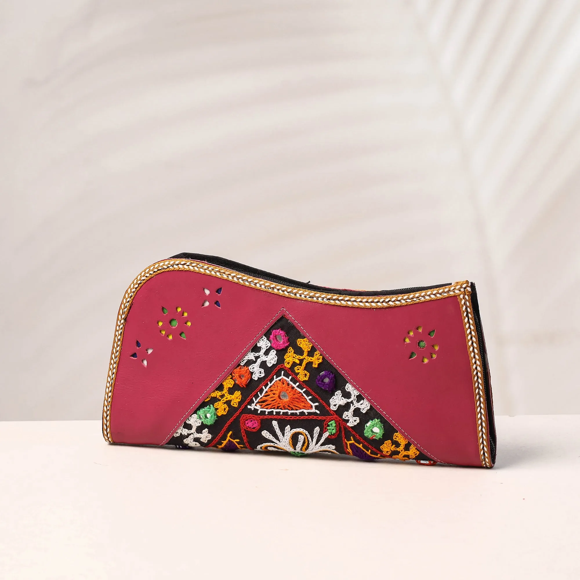 Pink - Handcrafted Kutch Embroidery Leather Clutch / Wallet