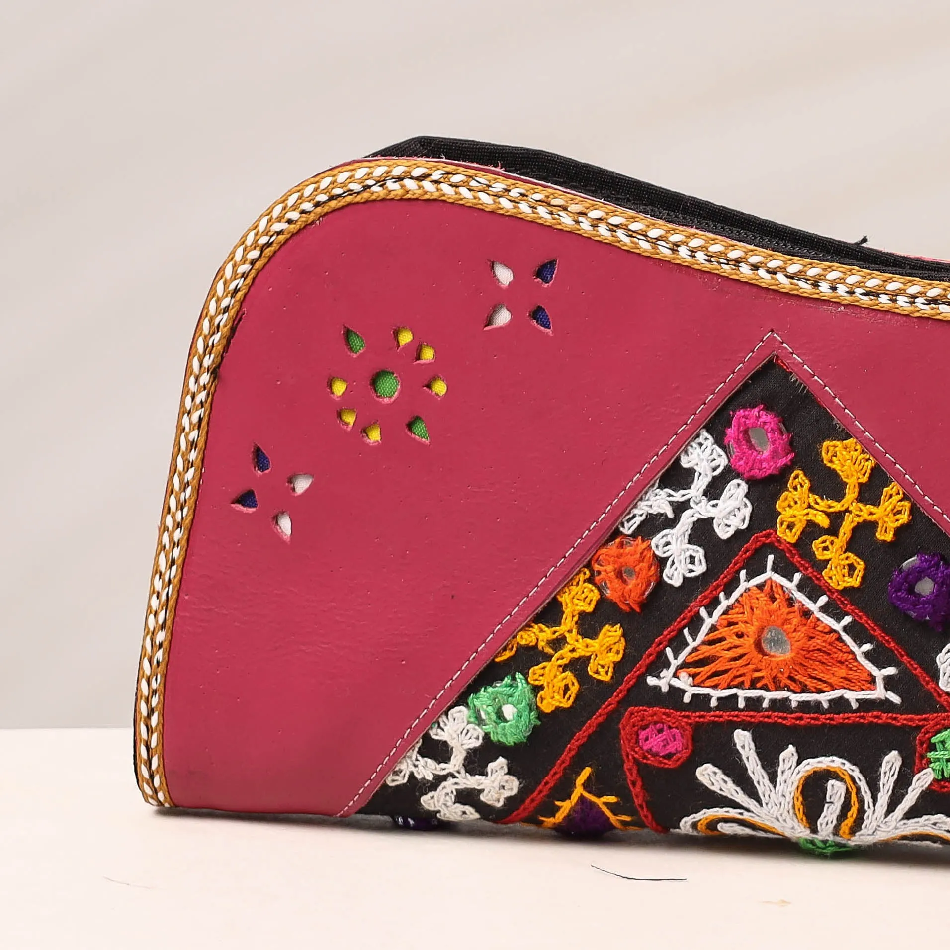 Pink - Handcrafted Kutch Embroidery Leather Clutch / Wallet