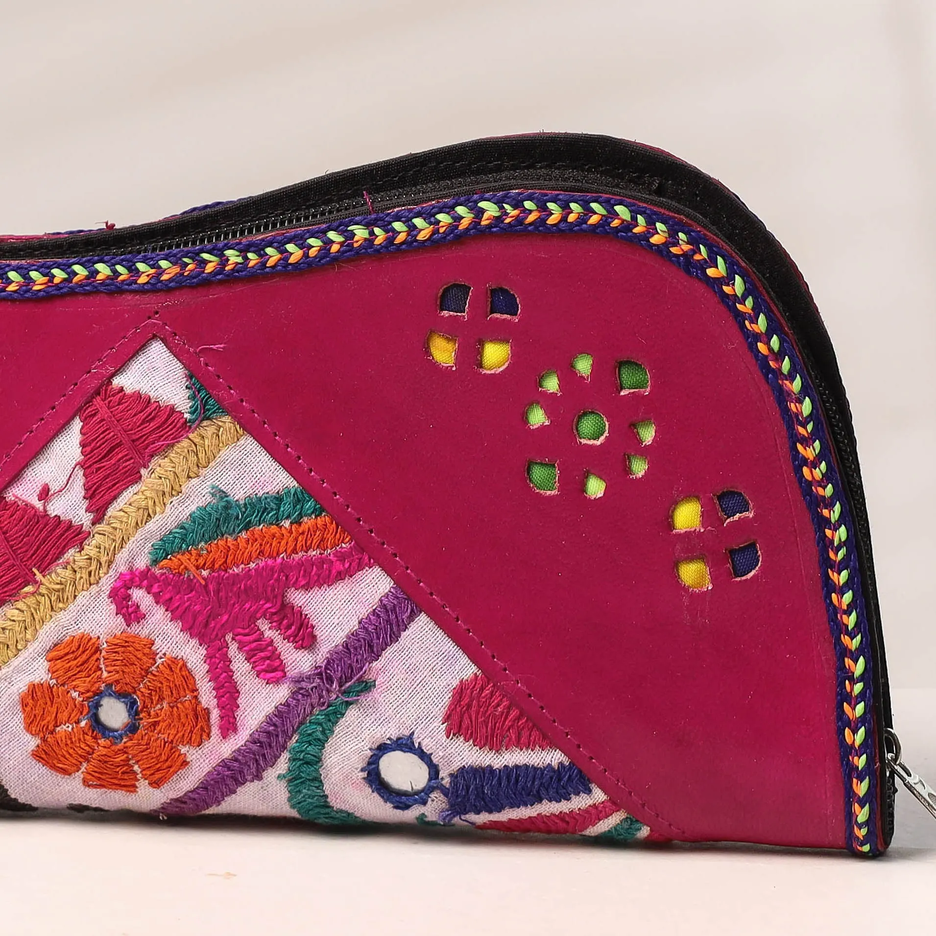 Purple - Handcrafted Kutch Embroidery Leather Clutch / Wallet