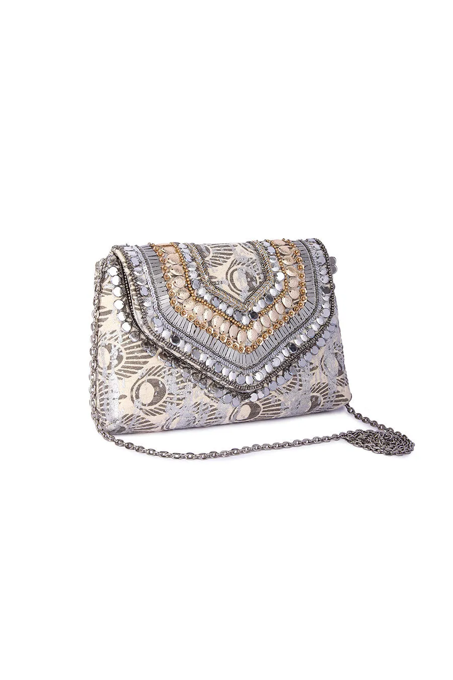 Silver Hand-Embroidered Clutch