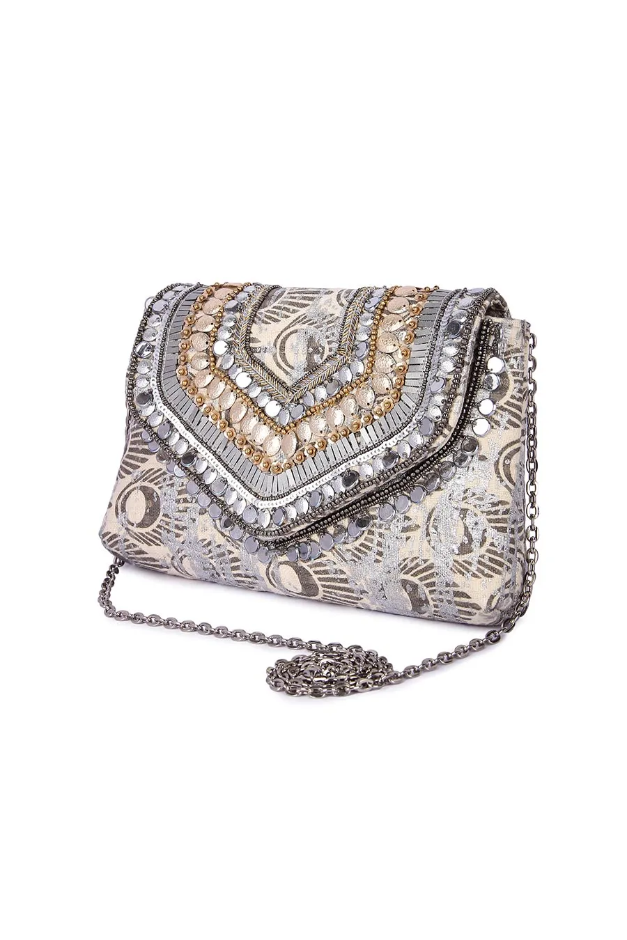 Silver Hand-Embroidered Clutch