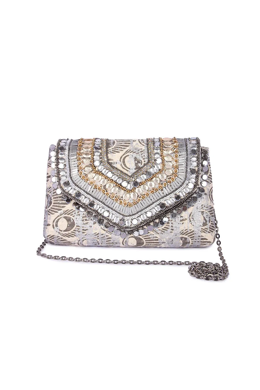 Silver Hand-Embroidered Clutch