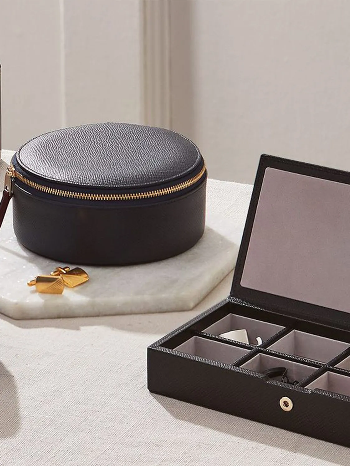 Smythson Leather Cufflink Box Black