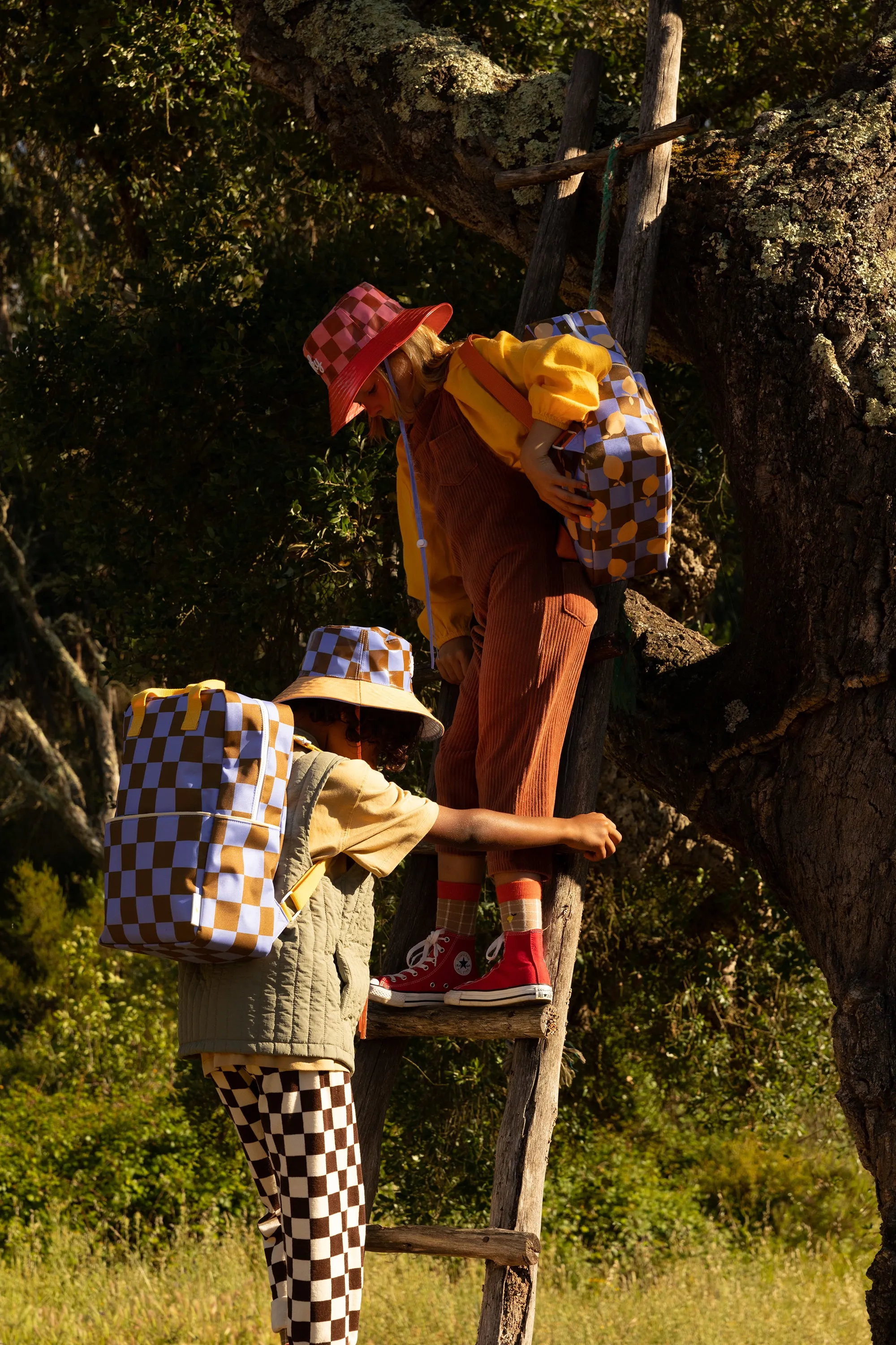 Sticky Lemon Farmhouse Checkerboard Large Backpack, Blooming Purple/Soil Green