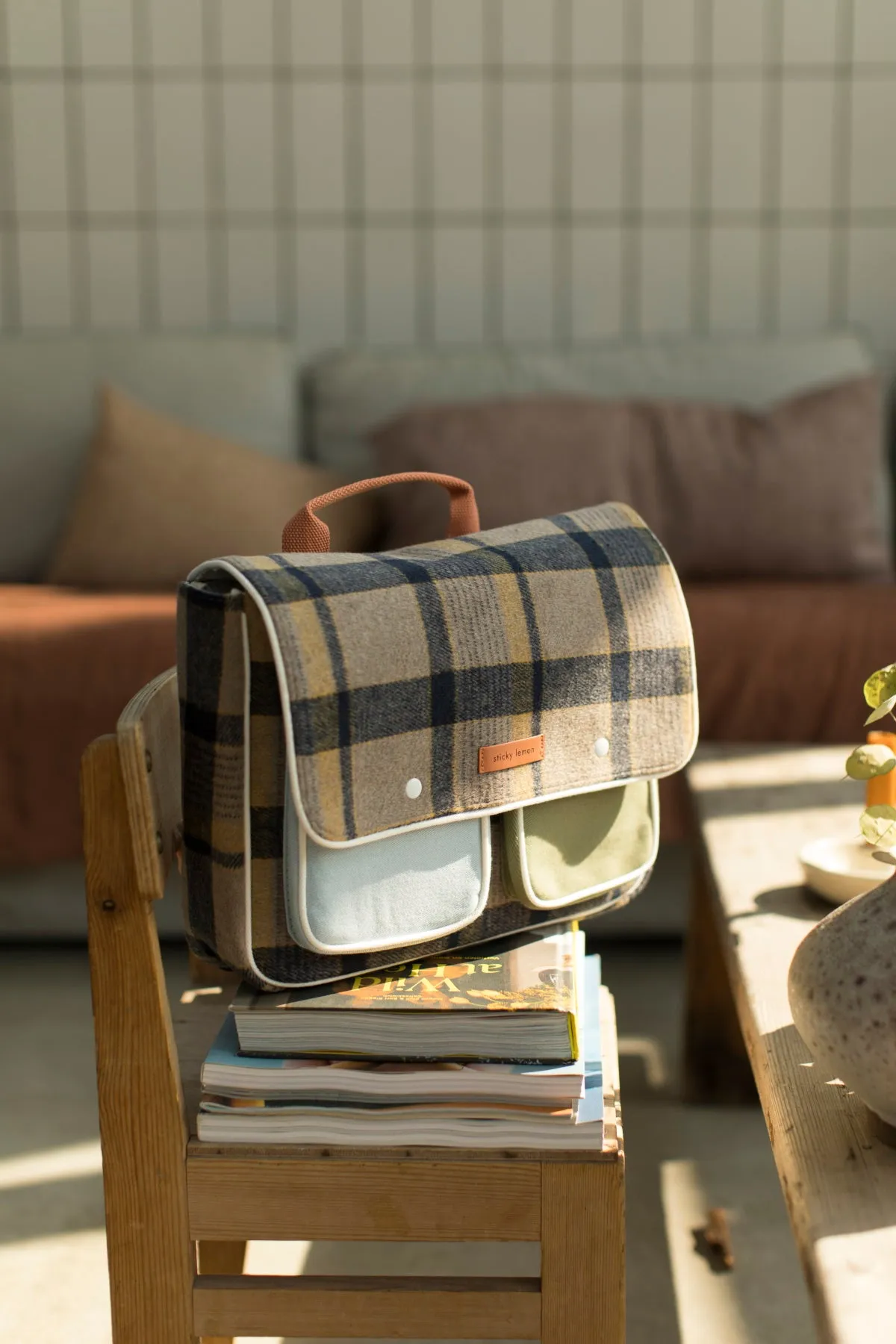 Sticky Lemon Wanderer School Bag, Sandy Beige Checks