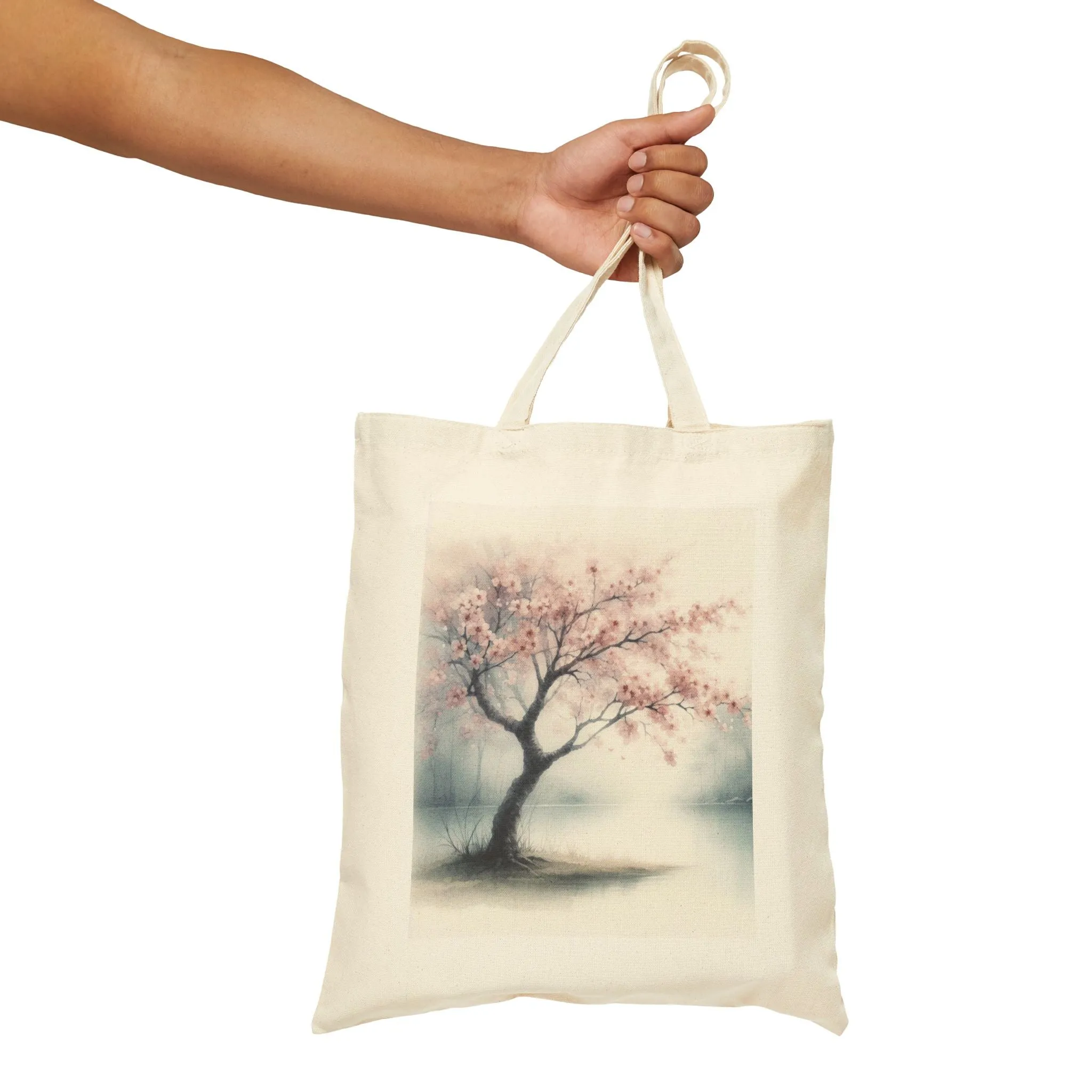 Tree with pink flowers with watercolor effect Cotton Canvas Tote Bag