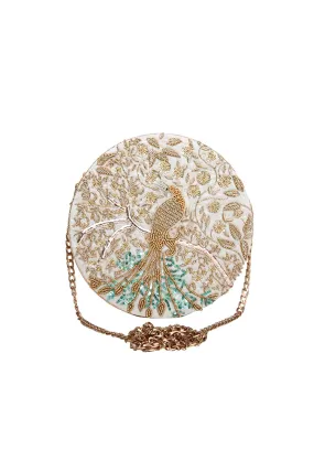 White Peacock Hand-Embroidered Clutch