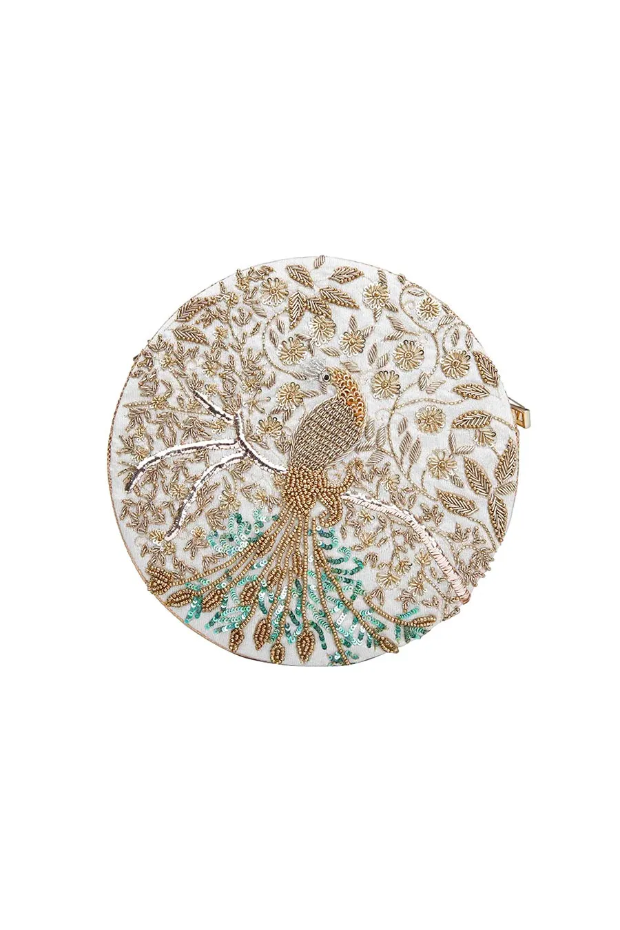 White Peacock Hand-Embroidered Clutch