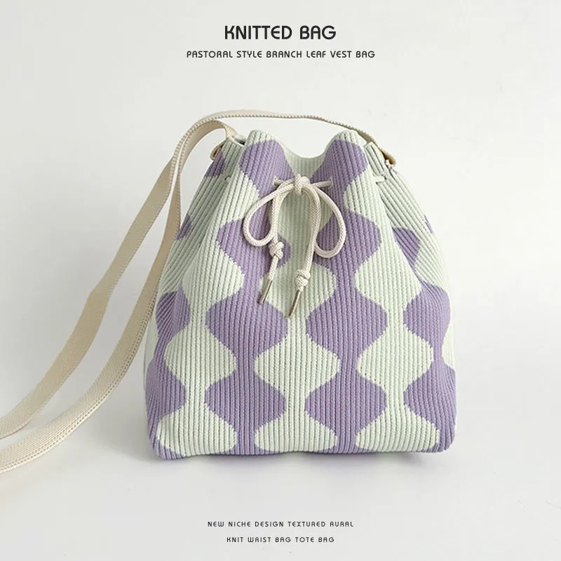 Wholesale Knitted wool drawstring lunch box bag handbag hand tote bag bucket bag