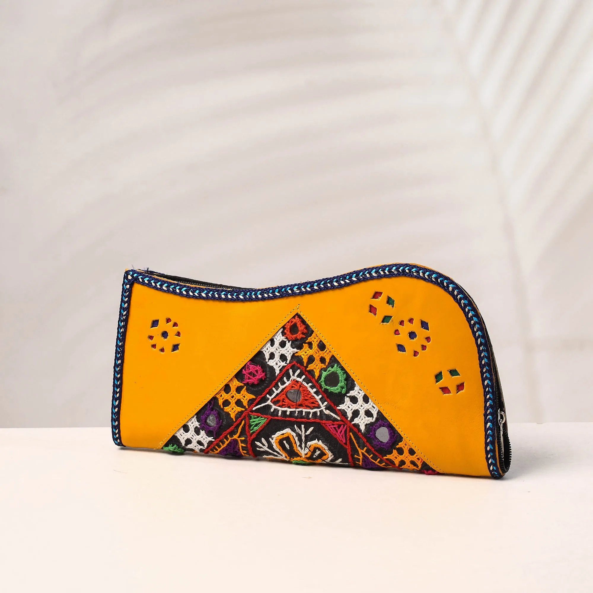 Yellow - Handcrafted Kutch Embroidery Leather Clutch / Wallet